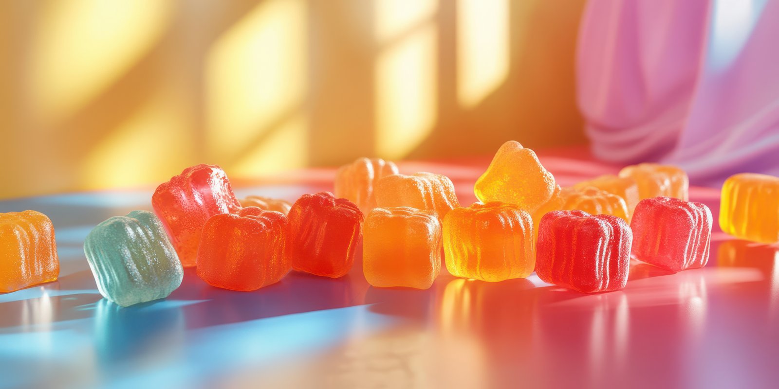 Colorful gummy candies scattered on a vibrant surface with sunlight creating reflections
